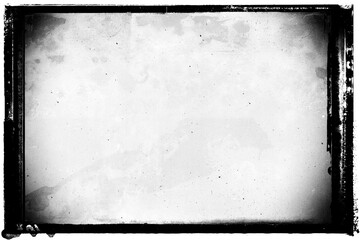Vintage photo film frame of a middle format old camera wet plate photo technique with vignetting, dust, scratches, noise and splatters on transparent background. 