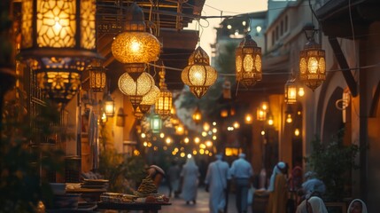 Traditional lanterns lighting up an exotic market street at dusk, Concept of cultural heritage and...