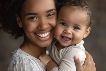 Happy young African American mom hold in hands hug cute little ethnic baby toddler show love care Smiling biracial mother embrace cuddle small newborn infant child Motherhood childcare concept - Powered by Adobe