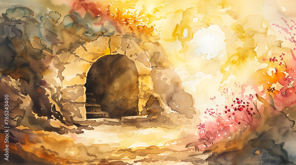 Wall mural easter jesus christ rose from the dead. dawn. the empty tomb watercolor painting. biblical illustrat