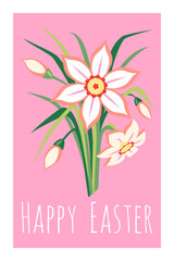 Happy Easter poster with traditional ethnic pattern, folk ornament with flowers - 765243467