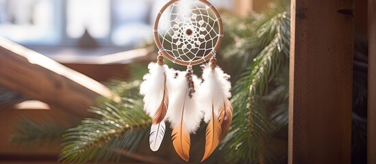 Fototapeta premium There is a small dream catcher hanging from a wooden pole in the image