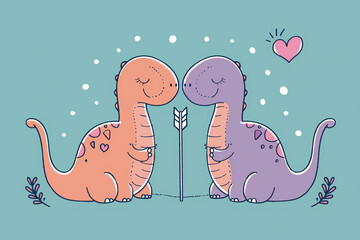 Illustration of funny pastel dinosaurs in love on a light blue background, minimal concept