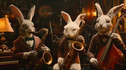 Rabbits dressed in vintage attire, playing jazz instruments in an elegant setting. - obrazy, fototapety, plakaty