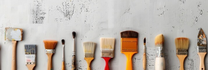 A row of various paintbrushes of different sizes and colors, placed on a white surface. - obrazy, fototapety, plakaty