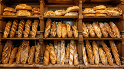 Rustic bread loaves and baguettes displayed on wooden shelves in a cozy French bakery, artisan, different choices