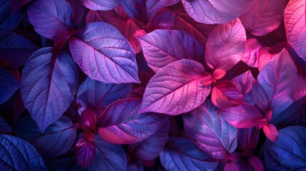 Colorful leaves background, neon blue and pink abstract leaves - obrazy, fototapety, plakaty