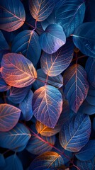 Colorful leaves background, neon blue and pink abstract leaves