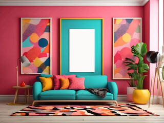 A mockup of an empty frame with pop art-inspired bold colors and graphic patterns, placed in a vibrant room