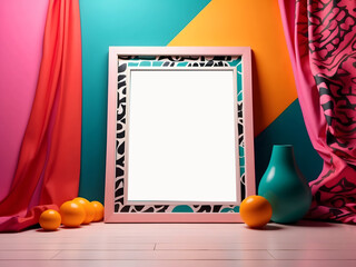 A mockup of an empty frame with pop art-inspired bold colors and graphic patterns, placed in a vibrant room