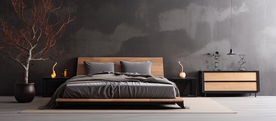 An image focusing closely on a bed with a headboard made of wood, accompanied by night stands on either side