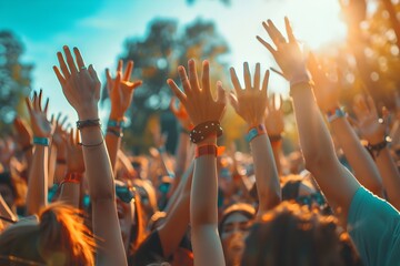 Party. group of happy young people crowd hands up in the air at outdoor music festival concert,...