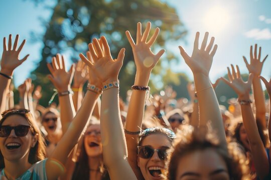 Party. group of happy young people crowd hands up in the air at outdoor music festival concert, party and event festival concept