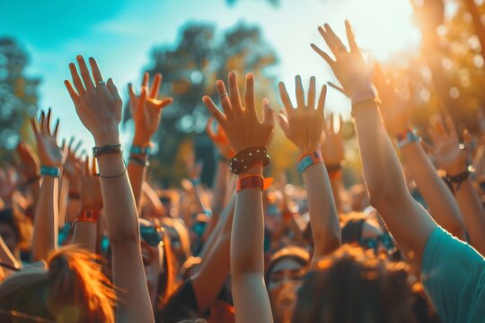 Party. group of happy young people crowd hands up in the air at outdoor music festival concert, party and event festival concept