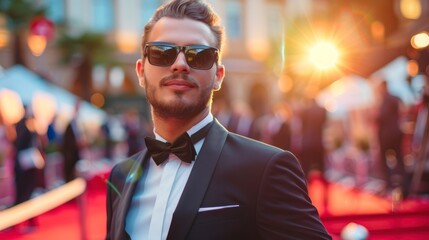 handsome man in a suit and glasses on a red carpet surrounded by photographers and high resolution lights - obrazy, fototapety, plakaty