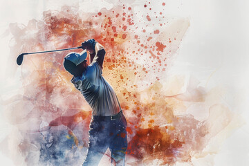 A dynamic watercolor painting of a golfer in action with a golf club. International Day of Sport for Development and Peace.