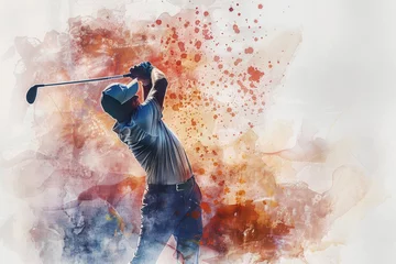Fotobehang A dynamic watercolor painting of a golfer in action with a golf club. International Day of Sport for Development and Peace. © Olesia Khazova