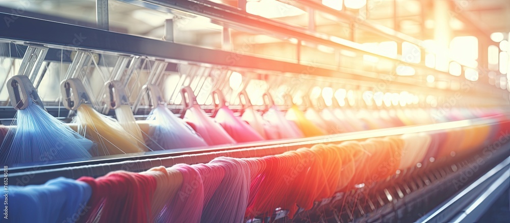 Poster a vibrant display of magenta, peach, and patterned fabrics adorn a rack in an art factory. the color