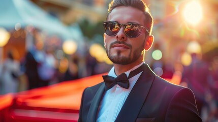 handsome man in a suit and glasses on a red carpet surrounded by photographers and lights in high resolution and quality - Powered by Adobe