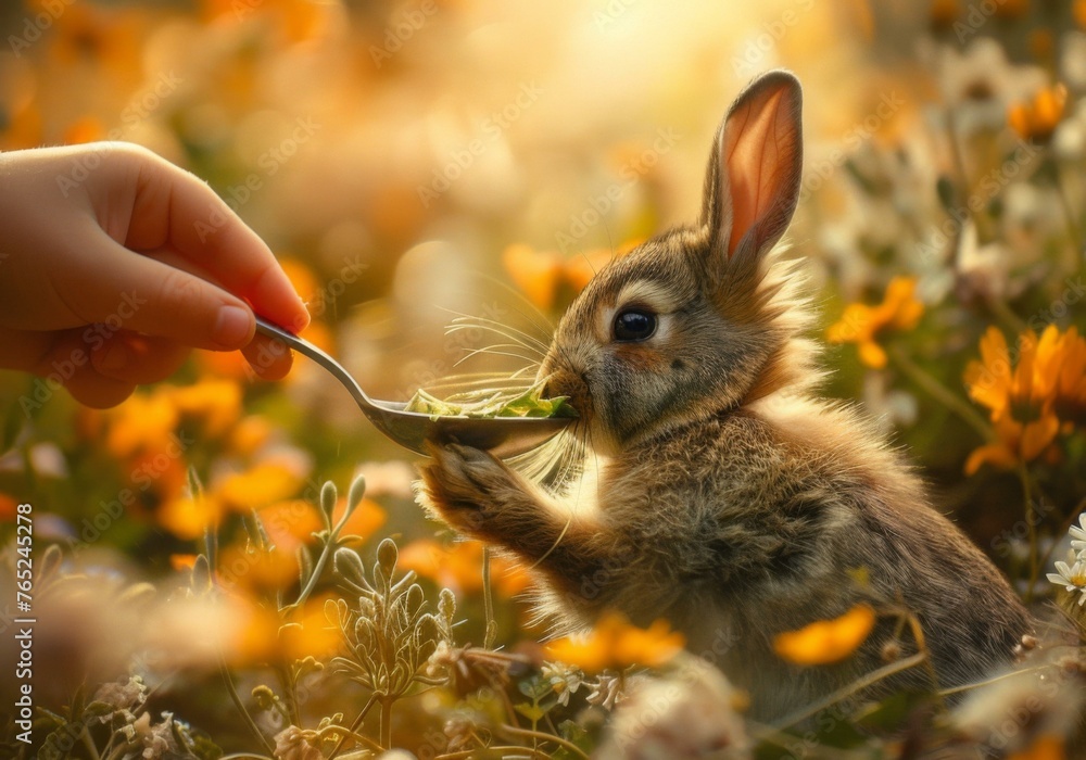 Poster a person feeding a rabbit with some food from a spoon. generative ai.