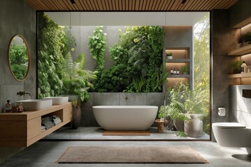 Luxurious bathroom with a freestanding bathtub overlooking a lush vertical garden, exuding...