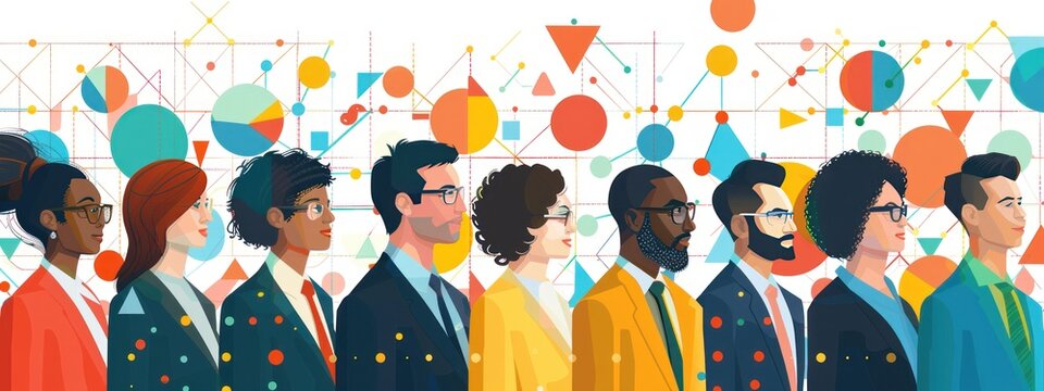cartoon illustration group of business people wearing uniform in modern environment promoting team collaboration and communication, company meeting, business finance seminar and investment concept