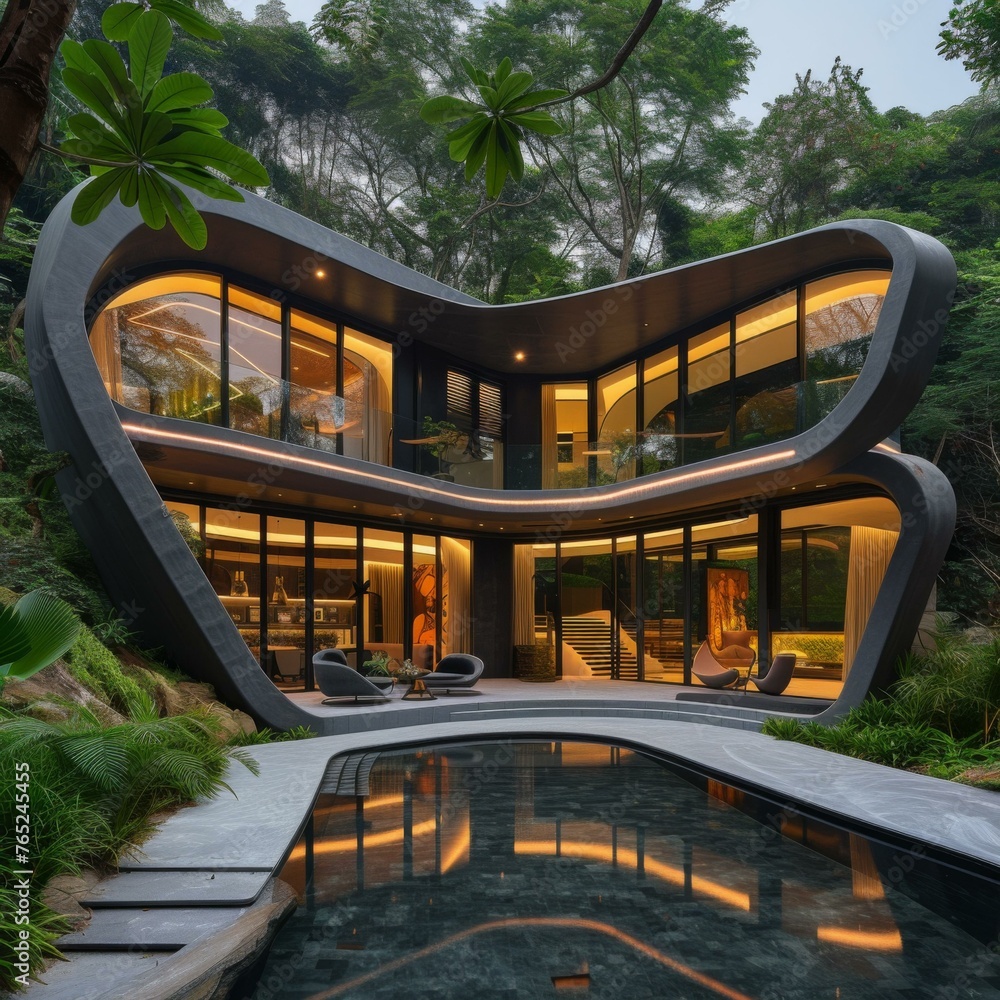 Poster a modern house with a pool in the middle of it. generative ai.
