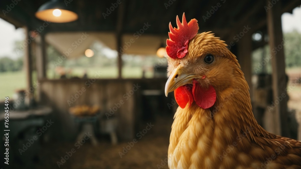 Poster a close up of a chicken with red feathers standing in the barn. generative ai.