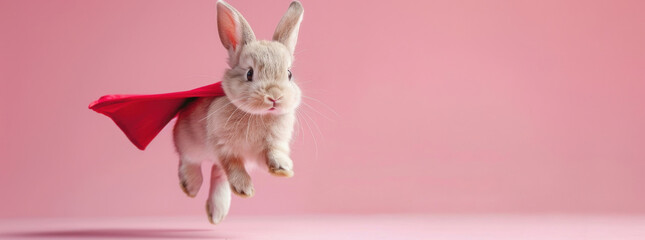 baby bunny rabbit wearing cloak jumping and flying with copy space on pastel pink color background