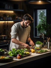 A man in a kitchen cutting vegetables on top of the counter. Generative AI.