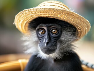 Fototapeta premium A monkey wearing a straw hat with black and white fur. Generative AI.