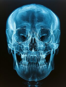 A x - ray image of a human skull with blue eyes. Generative AI.