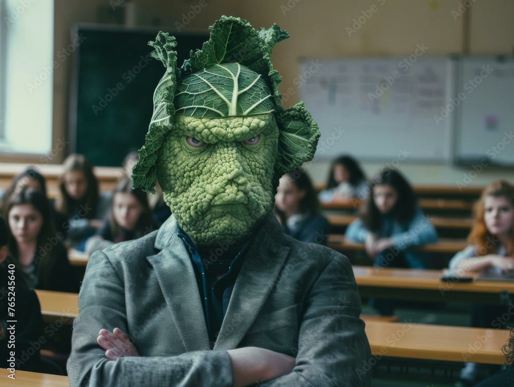 Poster a man with a head of cabbage in the middle of class. generative ai.