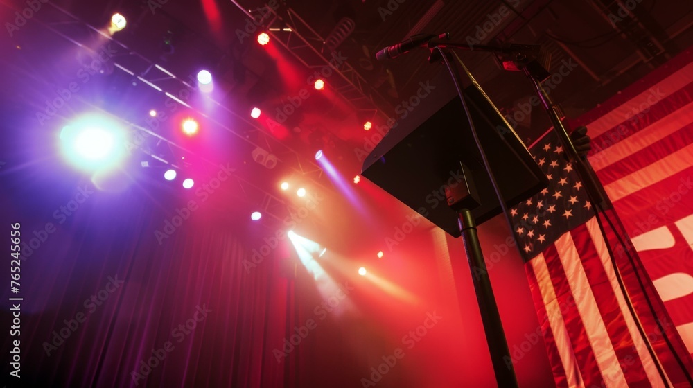 Poster a microphone on a stand in front of an american flag. generative ai.