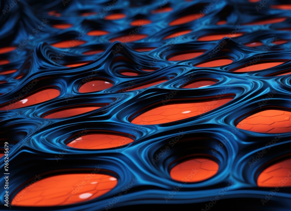 Poster a close up of a blue and orange patterned surface. generative ai.