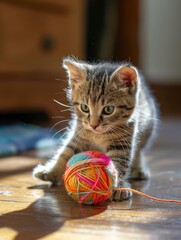 A kitten playing with a ball of yarn on the floor. Generative AI.