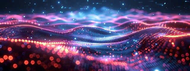 3d render of abstract glowing wave with dots and lines, digital technology background, digital, internet, communication, cyber security system, business, network connection and technology concept