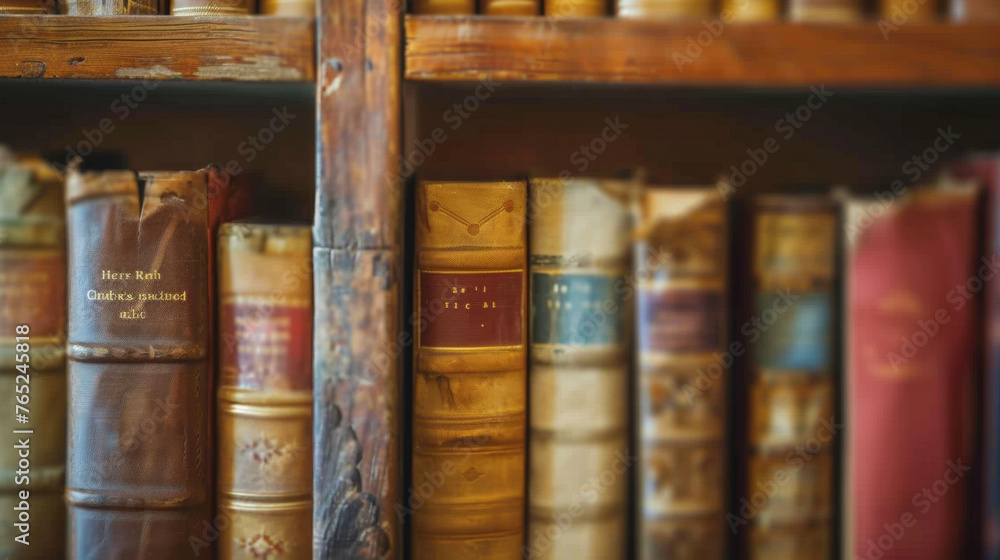Poster A closeup of a bookshelf with a small selection of books arranged in a strategic and aesthetically pleasing manner. The limited number . AI generation.