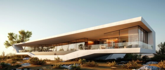 Fototapeta premium A modern house with a glass wall on the side of it. Generative AI.