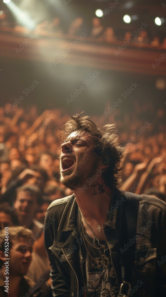 Poster a man with a guitar in front of an audience. generative ai.