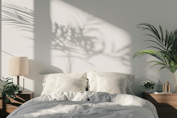 Interior Bedroom, Empty Wall Mockup In White Room With White Bed And Decorations, 3d Render Real Room Template