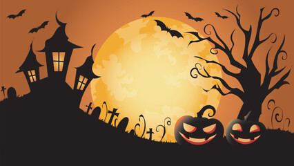 Vector illustration of a halloween scene with a haunted castle, full moon, bats and Jack o lanterns in silhouettes. Halloween celebration, Greeting card, party poster.