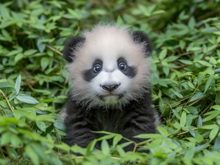 Fototapeta premium A panda bear sitting in a field of green leaves. Generative AI.