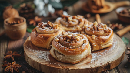 Obraz na płótnie Canvas Side view of cinnamon buns with with icing sugar, dark background, close up