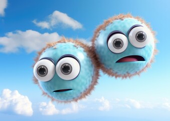 Two blue balls with eyes and mouths are flying in the sky. Generative AI.