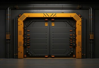 A large metal door with a yellow and black design. Generative AI. - obrazy, fototapety, plakaty