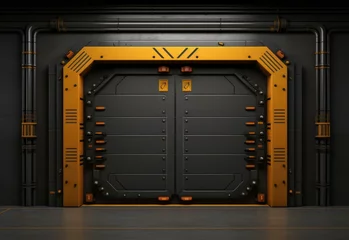 Foto op Plexiglas A large metal door with a yellow and black design. Generative AI. © serg3d