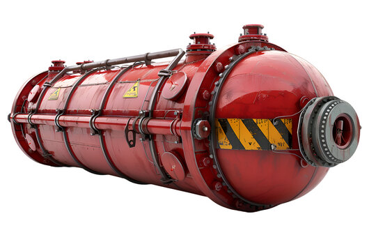 A 3D animated cartoon render of a large cylindrical tanker vessel with safety signs.