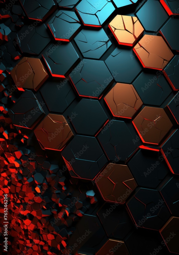 Poster a very abstract background with a lot of hexagons and red. generative ai.