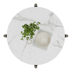 top view of round coffee table with decorative set, on transparent background, 3d rendering